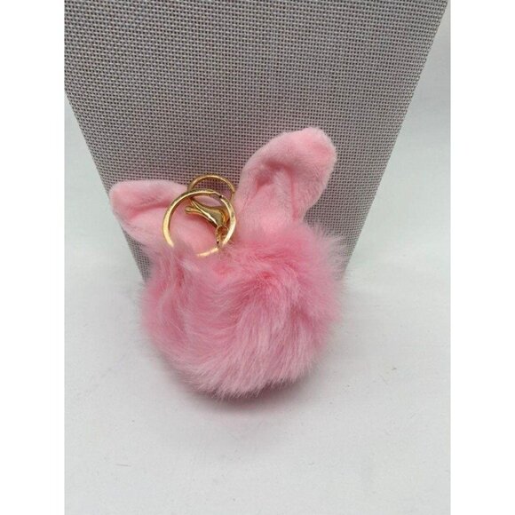 Pink Bunny Ears Fur Ball Keychain Gold Metal Charm For Keys Or Bags Unisex - Picture 6 of 6